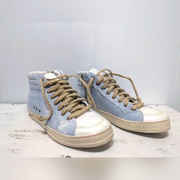 P448‎ High Top Skater Shoe Size 39 9 Denim Leather Burlap - Picture 2 of 10